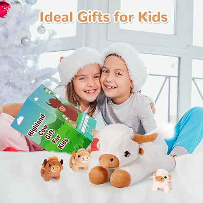4 Pieces Highland Cow Stuffed Animals - 1 Mommy Stuffed Highland Cow with 3 Babies - White Cow Gifts for Girls Age 3-8, Cows Plush Toys for Christmas, Valentine's, Birthday Gifts (White)