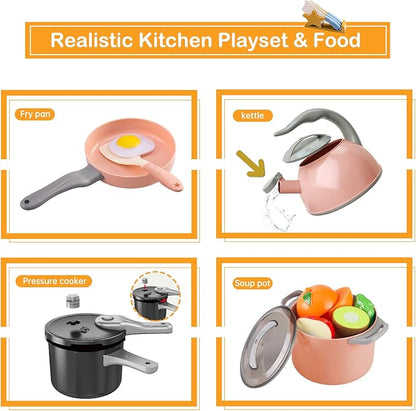 105Pcs Kids Kitchen Toy Accessories, Toddler Pretend BBQ Camping Cooking Playset, Play Pots, Pans, Utensils Cookware Toys, Play Food Set, Vegetables, Learning Gift for Girls Boys