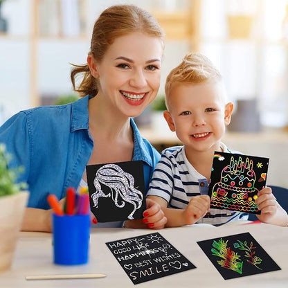 Rainbow Holographic Scratch Art Paper Mini Notes - 3 Pack Set (300 Sheets 3.5x3.5 in) with 2 Templates, Magic Scratch Cards for Kids Toy Arts Crafts DIY Party Favor Supplies for Boys Girls Christmas