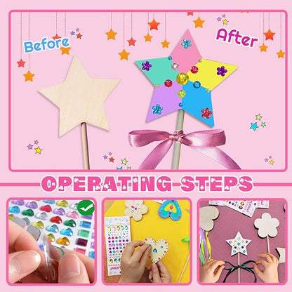 WUBOMJIO Princess Fairy Wands Craft Kit, Kid Birthday Party Supplies Make Your Own Magic Wands Include Unfinished Wooden Fairy Wands, Gem Stickers, Ribbons, Ideal for Kids 6+(14 PCS)