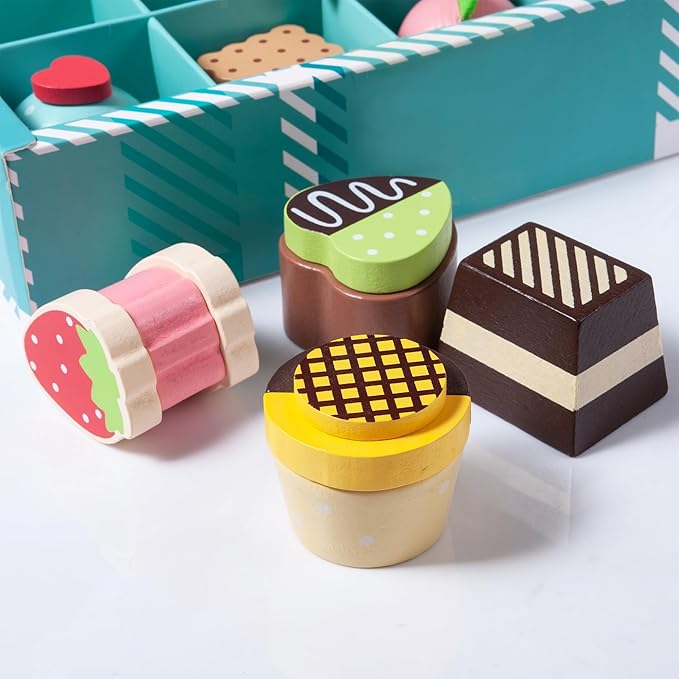 13pcs Wooden Dessert Set Toddler Pretend Play Toy Food, Sweets Playset with Muffin, Cupcake, Chocolate Cake & Roll, Kids Food Toys Play Kitchen Accessories Boys and Girls Birthday Gift