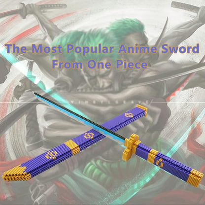 Cosplay Anime ONE Piece Zoro Swords Building Blocks Set, 22.8in Samurai Katana Zoro Sword Building Blocks with Scabbard & Stand, Cartoon Roronoa Yamato Sword Model