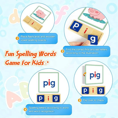 Learning Toys for 3 4 5 Years Old Kids - 116Pcs Short Vowel Letters Sorting Spelling Reading Toy Set with Double-Sided Flash Cards, Preschool Kindergarten Learning Activities Toy for Boys Girls