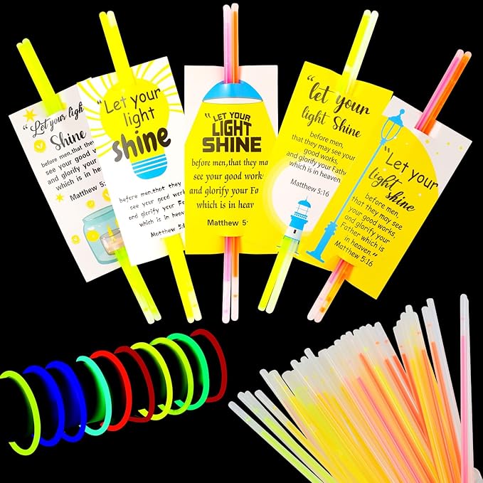 LiYiQ 50 Packs Christian Gifts Cards with 100 Glow Sticks Let Your Light Shine Cards with Glow Sticks Religious Bible Verse Cards for VBS Sunday School Supplies (Christian)