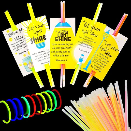 LiYiQ 50 Packs Christian Gifts Cards with 100 Glow Sticks Let Your Light Shine Cards with Glow Sticks Religious Bible Verse Cards for VBS Sunday School Supplies (Christian)