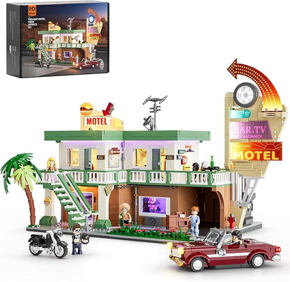 FUNWHOLE City Car-Hotel Lighting Building-Bricks Set - Road Trip Modular Twilight Motel Collection LED Light Car and Motorcycle Building Set 1970 Pcs for Adults and Teen