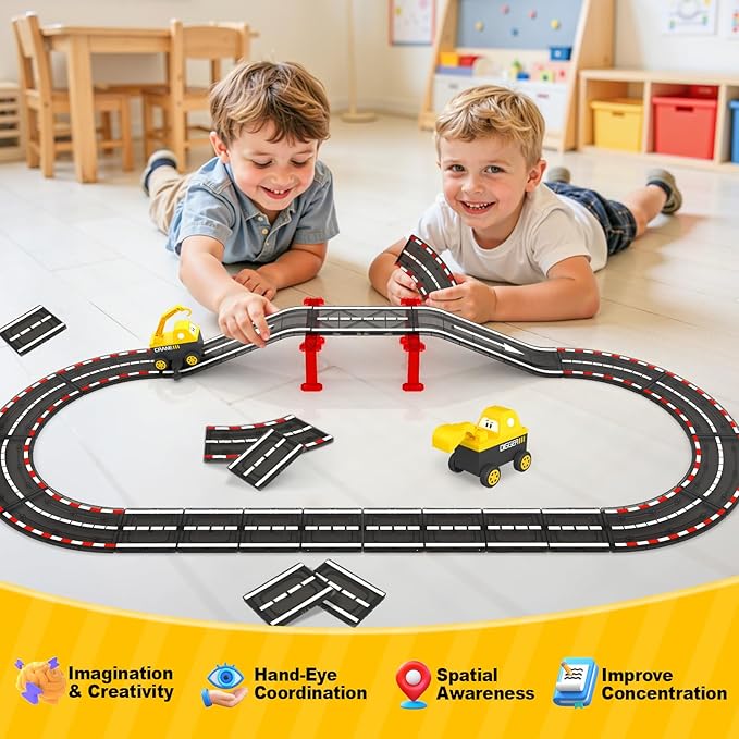 Magnetic Tiles Road Race Track with Engineering Car, Magnetic Building Blocks for Toddler Kids Toys, Educational Construction Toys Gift for 3+ Year Old Boys and Girls