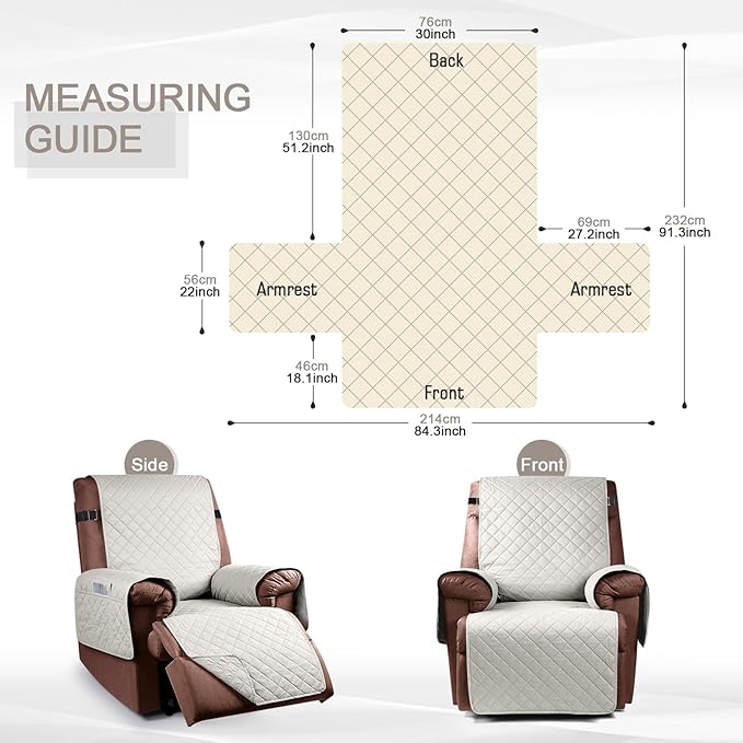 KinCam 100% Waterproof Recliner Chair Cover, Reclining Couch Covers for Pets, Dogs, Recliner Couch Slipcover Furniture Protector with Elastic Straps for Kids(30", Beige White)