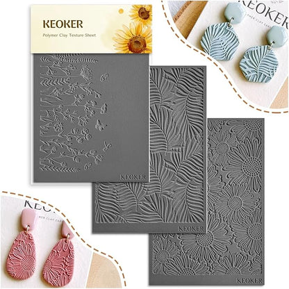 KEOKER Polymer Clay Texture Sheets, Clay Texture Mat for Making Earrings Jewerly, Polymer Clay Earrings Tools (A+B+C)