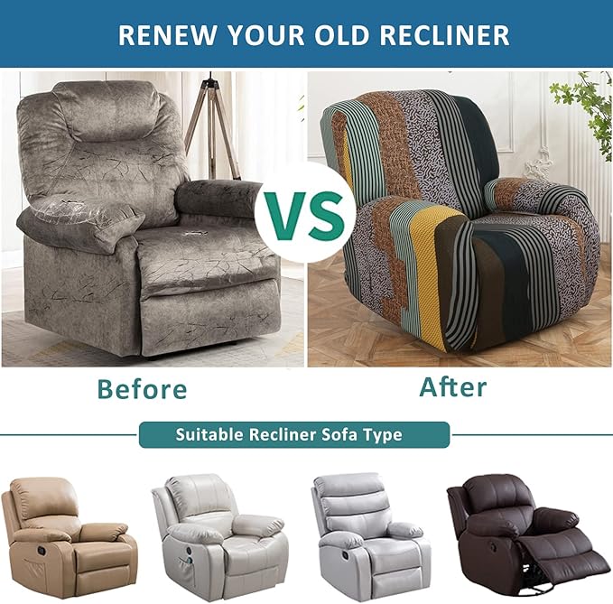 NILUOH Recliner Chair Covers 4-Pieces Stretch Lazy Boy Recliner Covers with Pocket Floral Pattern Reclining Slipcovers Soft Sofa Slipcover Furniture Protector for Pets Kids (Recliner, Pattern 21)