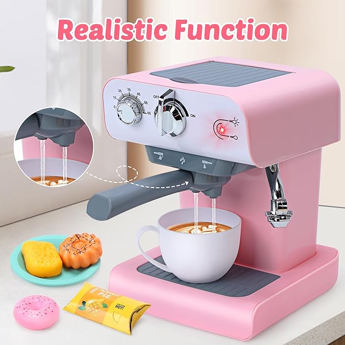 CUTE STONE Toy Coffee Set , Kids Coffee Maker Toy with Sound and Light, Realistic Steam, Play Kitchen Set with Play Food, Toddler Toy Kitchen Accessories for Girls Boys