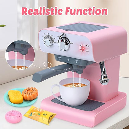 CUTE STONE Toy Coffee Set , Kids Coffee Maker Toy with Sound and Light, Realistic Steam, Play Kitchen Set with Play Food, Toddler Toy Kitchen Accessories for Girls Boys