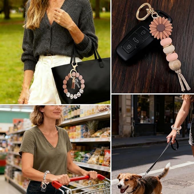 2PCS Bracelet Key Ring Set, Cute Car Key chain Wristlet, Silicone Beaded Bangle keyChains for Women Girls