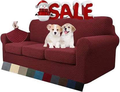 MAXIJIN 4 Piece Couch Covers for 3 Cushion Couch Super Stretch Non Slip Couch Cover for Dogs Pet Friendly Elastic Jacquard Furniture Protector Sofa Slipcovers (Sofa, Wine Red)