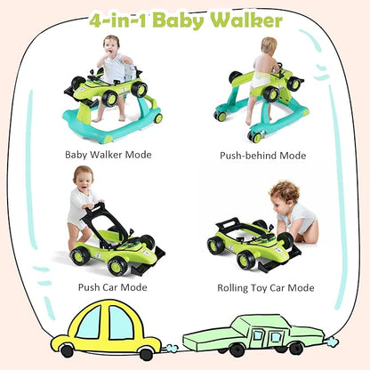 HONEY JOY 4-in-1 Baby Walker, Activity Push Walker w/3 Adjustable Heights, Smooth Wheels w/Adjustable Speed, Padded Seat, Music & Light, Foldable Car Walker for Baby Boys Girls Age 6 Months+ (Green)