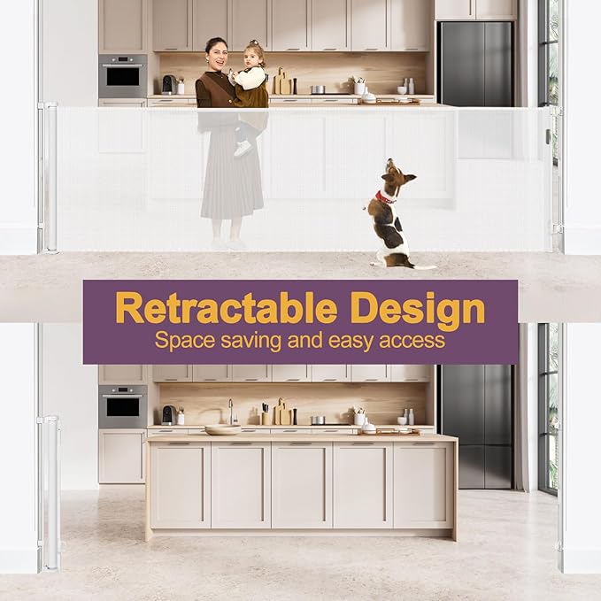 42" Tall X 130" Extra Wide Retractable Gates for Large Openings Extra Tall Baby Gate for Doorways Tall Dog Gates Indoor Outdoor Retractable Gate Extra Long Mesh Gate Tall Pet Gate for Stairs, White