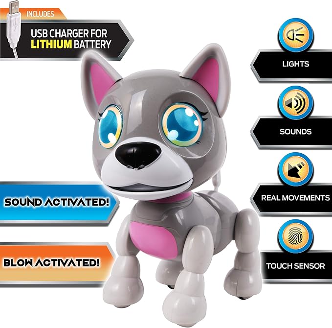 NKOK USB PetBotz - Robo Puppy, Rechargeable, Miniature, Interactive pet Robot, Lights up, Sound Activated, Makes Noises on Command, Comes with pet Bowl and Bone, USB Charger Included