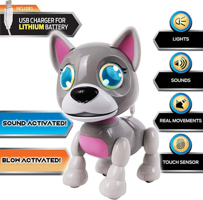 NKOK USB PetBotz - Robo Puppy, Rechargeable, Miniature, Interactive pet Robot, Lights up, Sound Activated, Makes Noises on Command, Comes with pet Bowl and Bone, USB Charger Included