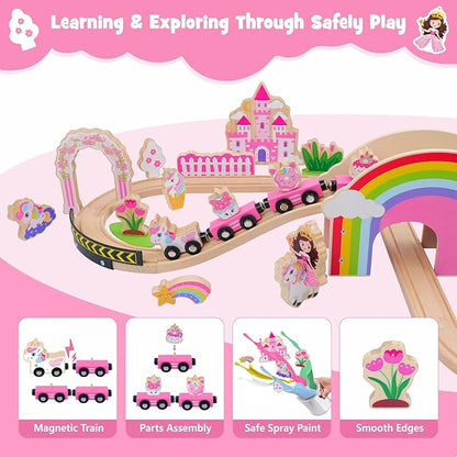 SIMPLIPLAY Wooden Train Set - 43PCS Unicorn Magnetic Toy Train Sets with Wooden Train Tracks & Bridge for Girls Toddlers, Enhance Fine Motor Skills, Ideal for Birthday