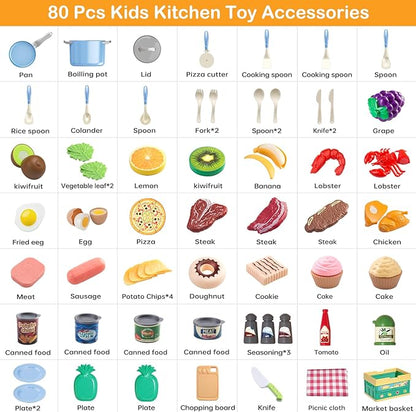 80Pcs Kitchen Playset, Toddler Pretend Cooking with Pots, Pans, Cookware, Food, Picnic Blanket, Fruits, Veges, Shopping Storage Basket, Dessert, Learning Gift for Girls Boys (Blue)