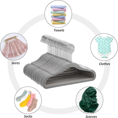 Velvet Baby Hangers 50 Pack, 11 Inch Kids Non Slip Hangers, Premium Childrens Hangers for Clothes, Space-Saving Nursery Hangers, Perfect Infant/Toddler Clothes Hangers for Daily Use(Grey)