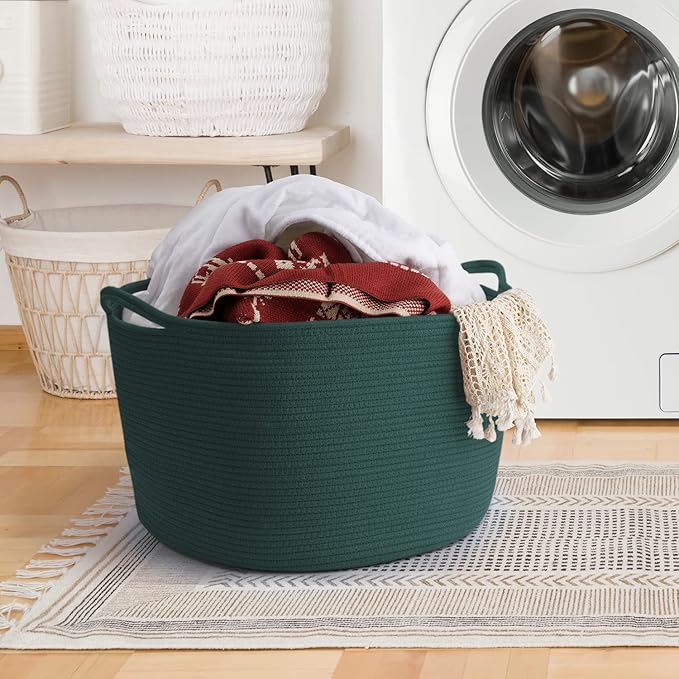 Maliton Woven Rope Basket for Blankets, Extra Large Storage, Green Laundry Hamper, Baby and Pet Toy Storage, Big Towel Basket, 22" x 22" x 14" Blanket Holder, Cotton Rope Bin