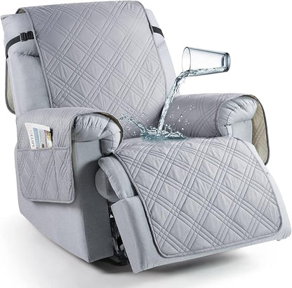 TAOCOCO 100% Waterproof Recliner Chair Cover with Double Straps, Oversized Recliner Covers for Large Recliner Chair, Non Slip Reclining Chair Cover for Kids, Pets(Oversized Recliner, Light Grey)