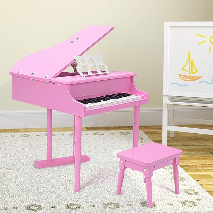 GLACER Classical Kids Piano, 30 Keys Wood Toy Grand Piano w/Bench Music Stand Full-Size Keys, Charming Tones & Sounds, Musical Instrument Educational Toy for Girls and Boys (3 Straight Leg-Pink)