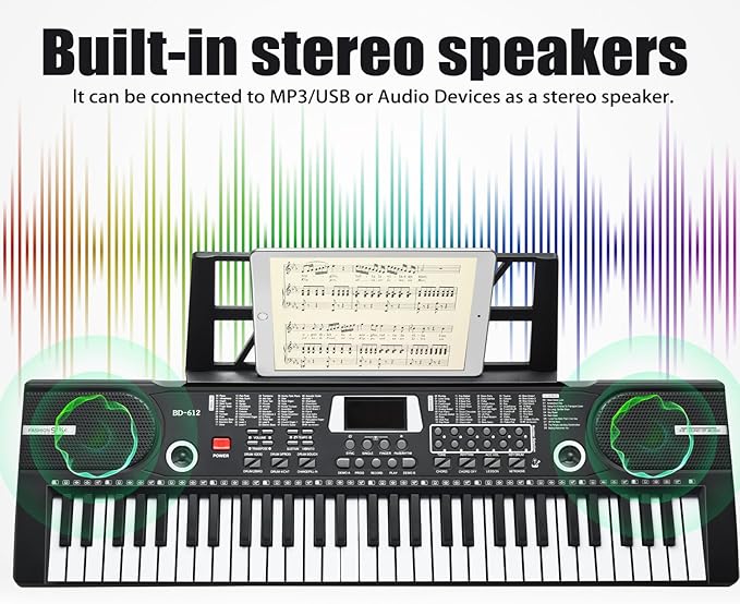 61 Key Keyboard Piano, Portable Electronic Keyboard Piano for Beginners with Speakers, Microphone, Sheet Music Stand, 100 Voices, 100 Rhythms, Digital Music Keyboard Built-In Speakers - Black