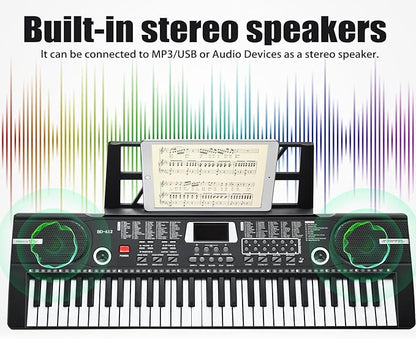 61 Key Keyboard Piano, Portable Electronic Keyboard Piano for Beginners with Speakers, Microphone, Sheet Music Stand, 100 Voices, 100 Rhythms, Digital Music Keyboard Built-In Speakers - Black
