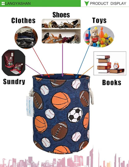 LANGYASHAN Laundry Basket Canvas Collapsible Organizer Storage Basket for Boys Girls Laundry Hamper Toy Bins Gift Baskets Bedroom Clothes Children Nursery (Navy Ball Game)
