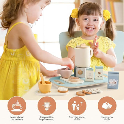 EERKEOD Tea Party Set for Kids Wooden Tea Sets for Toddler Girl Toys Pretend Play for Little Girls Kitchen Play Food Accessories Sets Wooden Educational Toys Gifts with Silicone