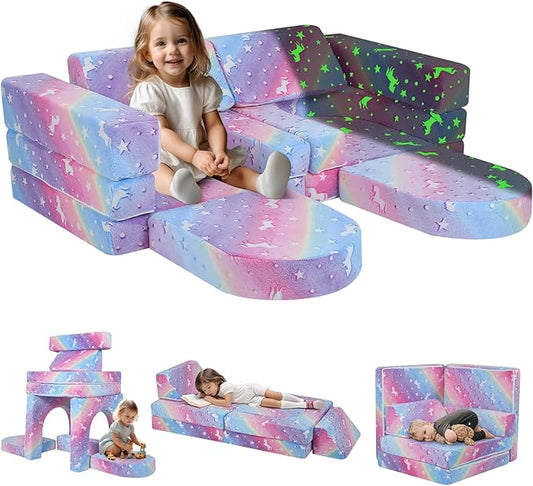 MeMoreCool Toddler Couch, 10-Piece Modular Play Sofa for Playroom, Fold Out Kids Couch for Girl Boy, Glow Rainbow
