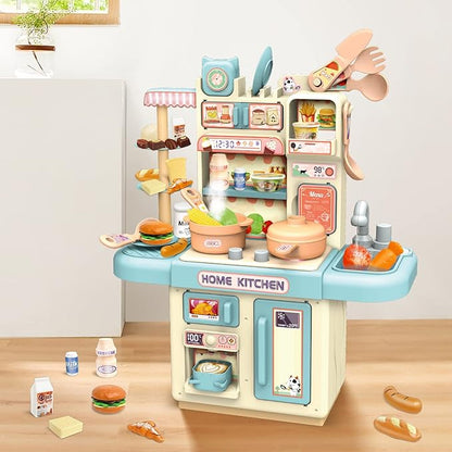 deAO Mini Kitchen Playset Toy,33 PCS Play Kitchen with Realistic Steam and Lights, Role Playing Game Pretend Food and Cooking Playset, Mini Kitchen Accessories Set for 3 4 Girls Boys
