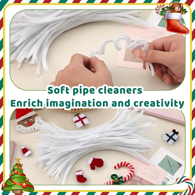 Pipe Cleaners, 100PCS Christmas Pipe Cleaners Craft Supplies, White Pipe Cleaners Bulk Fuzzy Sticks for DIY Art and Craft Projects Home Decoration