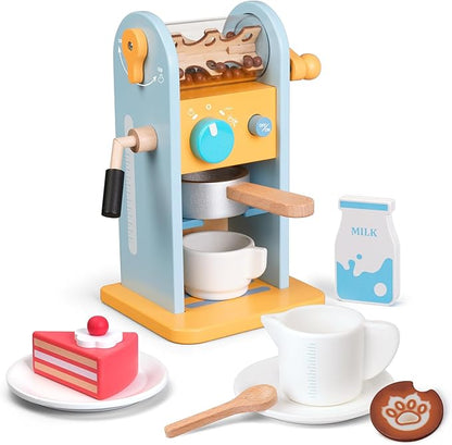 ICEKO Wooden Toy Coffee Maker Set with Grinder - 11pcs Realistic Play Kitchen Accessories for Kids - Pretend Play Toys - Kitchen Playset for Girls and Boys