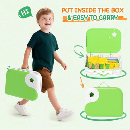 Kids Kitchen Knife Set for Real Cooking with Storage Box Green, Montessori Kitchen Toy with Cutting Board, Plastic Toddler Knives, Peeler, Wooden Safe Knife for Age 3 4 5 6 7 8