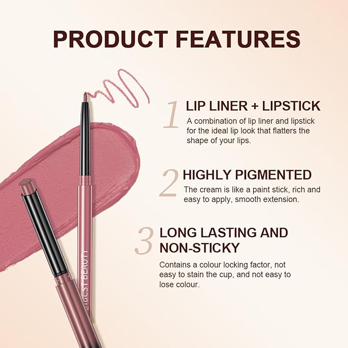 QiBest Nude Rose Pink Matte Lipstick with Lip Liner Makeup Set for Women, Cream Lip Stick and LipLiner Pencil 24 Hours Original Waterproof Labials, Velvety & Non-Drying Formula