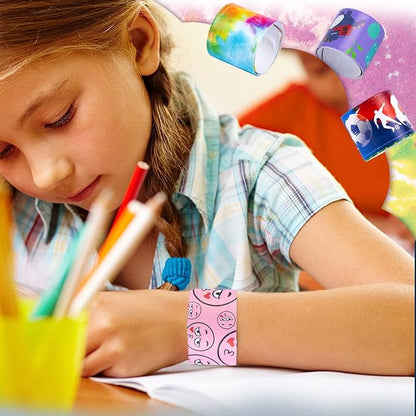 POPLAY 48PCS Kids Slap Bracelets, Slap Wristbands Bulk Tie Dye Bracelets Dinosaurs Mermaid Space Galaxy for Party Favors Classroom Prizes Exchanging Gifts