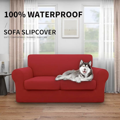 Easy-Going 100% Dual Waterproof Loveseat Cover Stretch Soft Couch Cover for Dogs, Sofa Slipcover for 2 Separate Cushion Couch Leakproof Furniture Protector for Kids, Pets Christmas Red