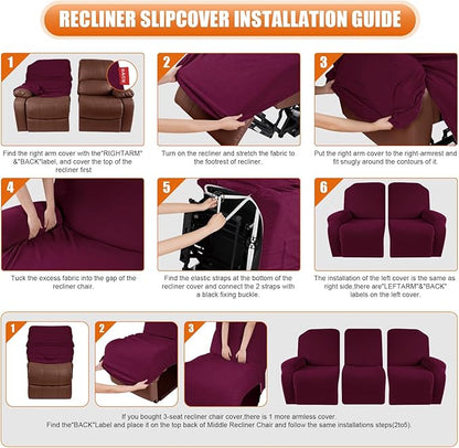 VANSOFY Recliner Cover, 3-Pieces Stretch Reclining Couch Covers with Pockets Reclining Sofa Slipcovers 3 Seater Soft Washable Furniture Protector for Dogs Cats(Burgundy)