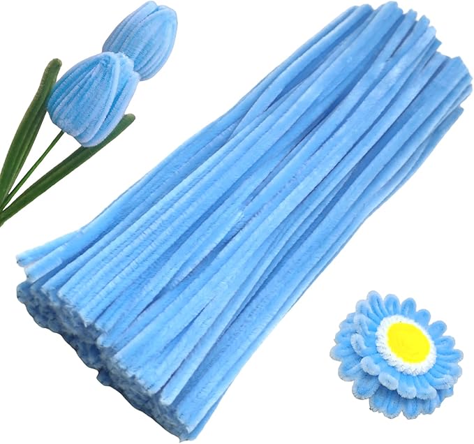 Swpohrat 100 Pieces Light Blue Pipe Cleaner Craft Set,Thick Fuzzy Chenille Stem Pipe Cleaners for DIY Craft Projects and Decorations