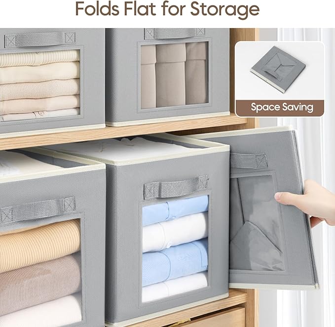 Homsorout Storage Cube 11 Inch - Cube Storage Bins with Window, Closet Storage Baskets with Handle, Fabric Bins for Closet, Shelves, Toys, Clothes, Set of 6, Grey