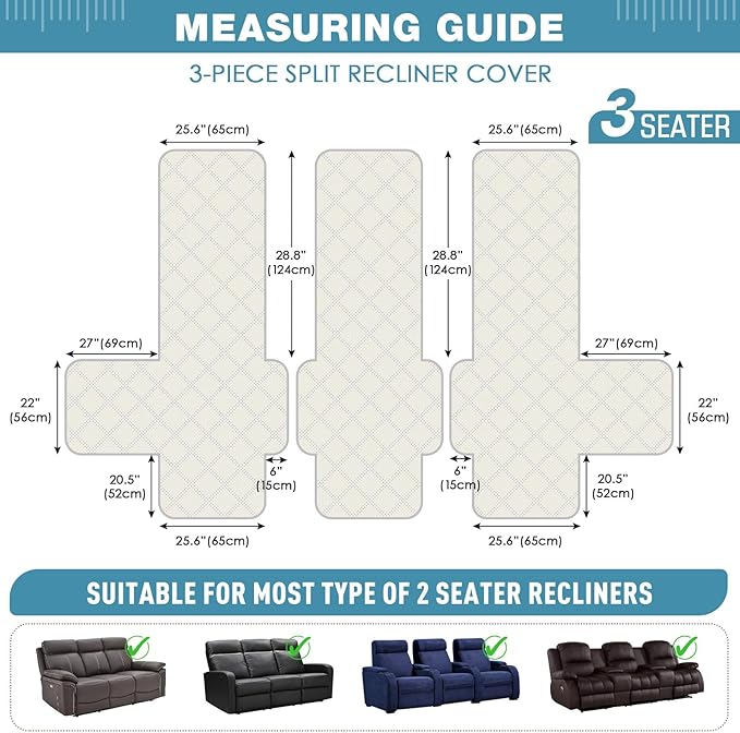 TAOCOCO 100% Waterproof Recliner Sofa Covers 3 Seater Split Couch Covers for 3 Cushion Reclining Couch with Straps, Non Slip Reclining Sofa Covers Furniture Protector for Kids Pets(3 Seater, Sky Blue)