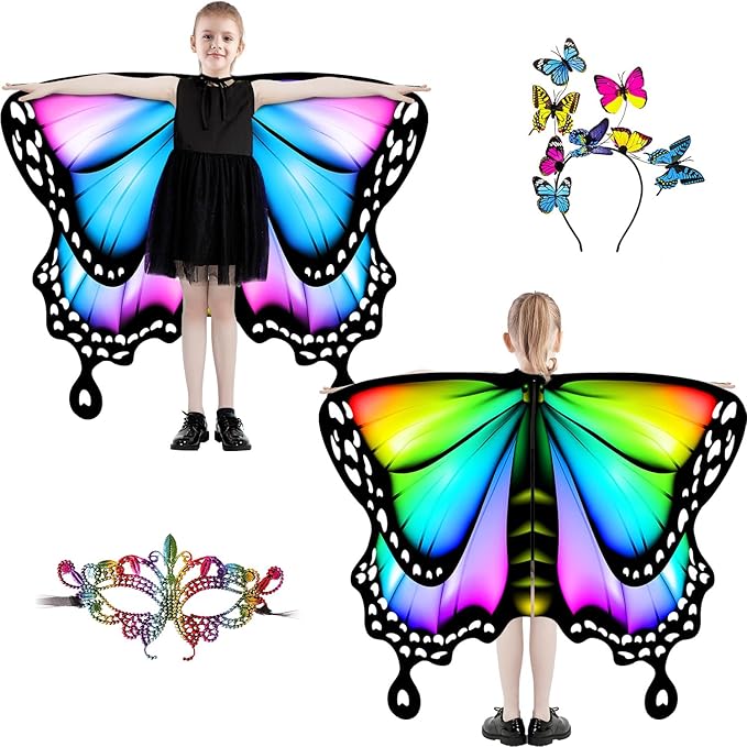 Butterfly Wings For Girls, Double-Sided Fairy Wings, Halloween Costumes for Kids, 3PCS Butterfly Cape Set.