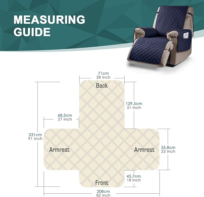 Ruaozz 100% Waterproof Recliner Chair Cover Non-Slip Oversized Reclining Cover for Large Recliner Chair Washable Chair Seat Cover with Elastic Straps for Kids, Dogs, Pets (Dark Blue, 28'')