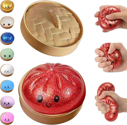 Glitter Dumpling Squishy,Dumpling Squishies,Glitter Dumpling Mystery Box,Colorful Dumpling Stress Balls Fidget,Jumbo Squishy Toy with Steamer Box,Soft Squeeze Decompression Dough (Glitter Red)