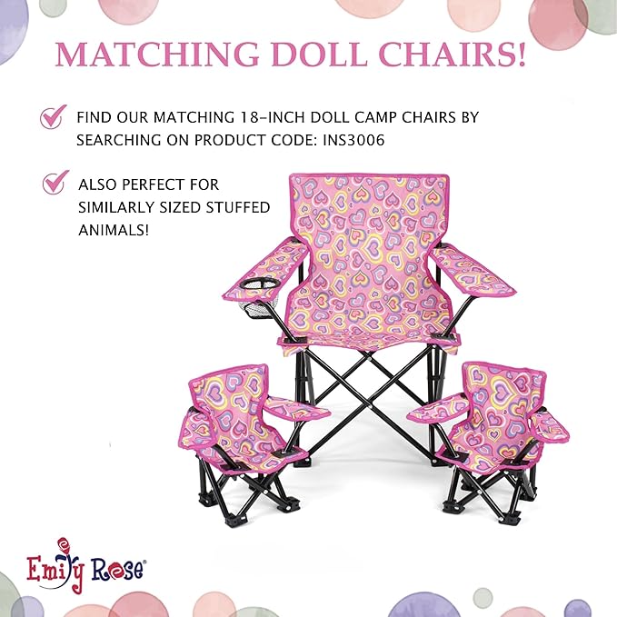 Emily Rose Kids Folding Chair | Beach Chair with Safety Lock- Camping Chair for Boyos Girls Toddler with Cup Holder & Carry Case- Tailgate, Travel, Lawn- for Indoor & Outdoor (Playful Hearts)