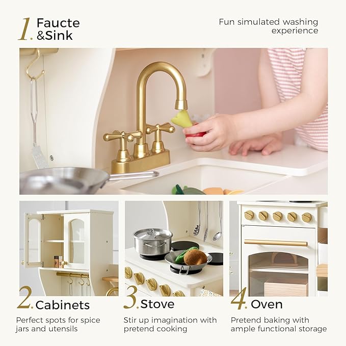 Tiny Land Play Kitchen for Kids, Wooden Play Kitchen with Toy Storage System, Toy Kitchen Set with Plenty of Play Features, Kids Play Kitchen Designed, Gift for Ages 3+