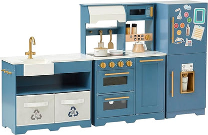 Teamson Kids Little Chef Atlanta Large Modular Wooden Play Kitchen with Interactive, Realistic Features, and 17 Kitchen Accessories, for 3yrs and up, Blue/White/Gold